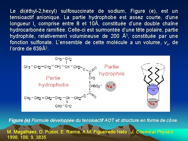 Le di(éthyl-2, hexyl) sulfosuccinate de sodium, Figure (e), est un tensioactif anionique. La partie