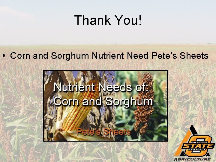Thank You! • Corn and Sorghum Nutrient Need Pete’s Sheets 