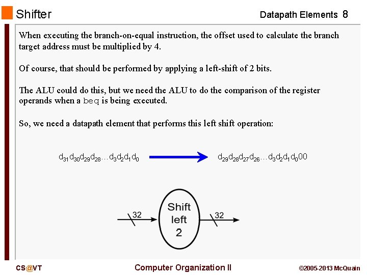 Shifter Datapath Elements 8 When executing the branch-on-equal instruction, the offset used to calculate