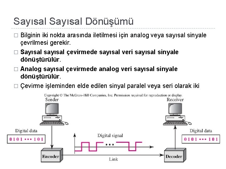 Sayısal Dönüşümü � Bilginin iki nokta arasında iletilmesi için analog veya sayısal sinyale çevrilmesi