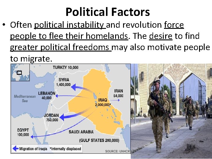 Political Factors • Often political instability and revolution force people to flee their homelands.