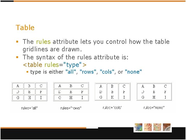 Table § The rules attribute lets you control how the table gridlines are drawn. Table § The rules attribute lets you control how the table gridlines are drawn.