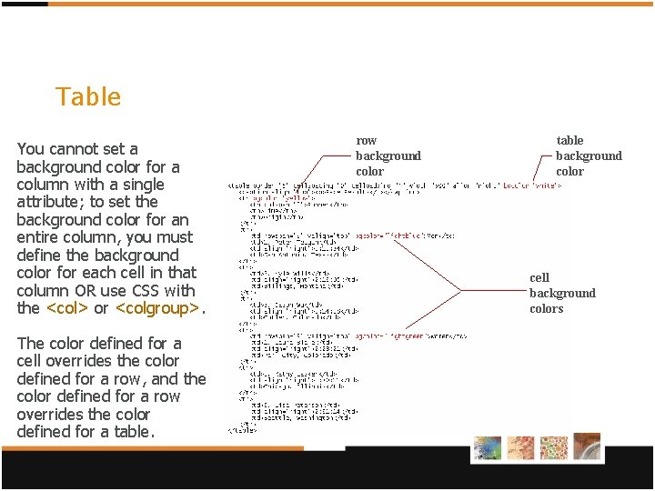 Table You cannot set a background color for a column with a single attribute; Table You cannot set a background color for a column with a single attribute;