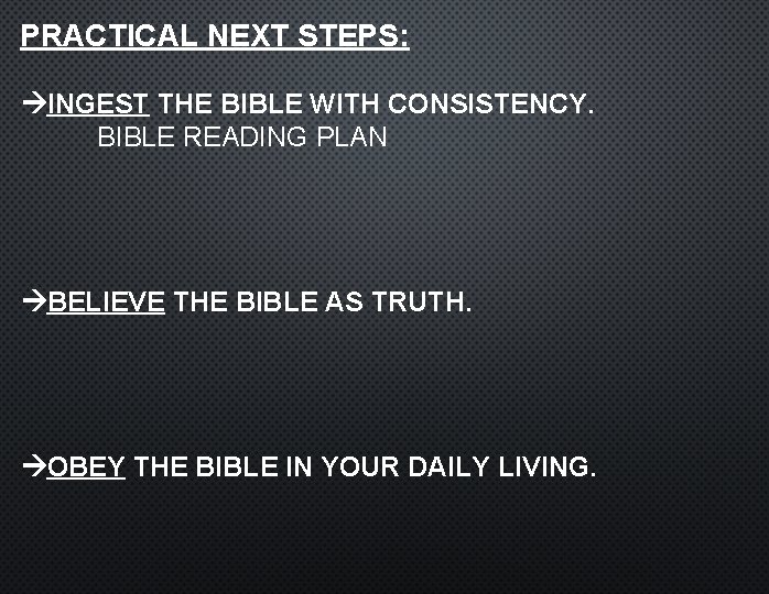 PRACTICAL NEXT STEPS: INGEST THE BIBLE WITH CONSISTENCY. BIBLE READING PLAN BELIEVE THE BIBLE