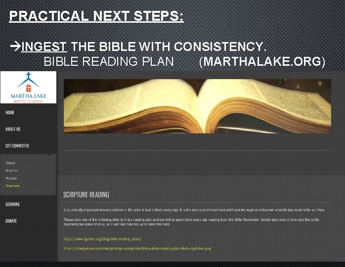 PRACTICAL NEXT STEPS: INGEST THE BIBLE WITH CONSISTENCY. BIBLE READING PLAN (MARTHALAKE. ORG) SCRIPTURE