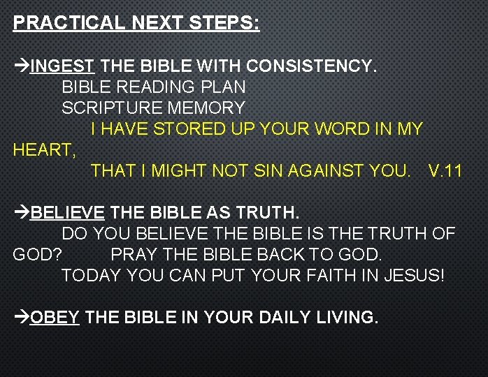 PRACTICAL NEXT STEPS: INGEST THE BIBLE WITH CONSISTENCY. BIBLE READING PLAN SCRIPTURE MEMORY I