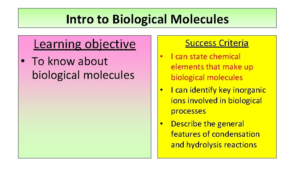 Intro to Biological Molecules Learning objective • To know about biological molecules Success Criteria