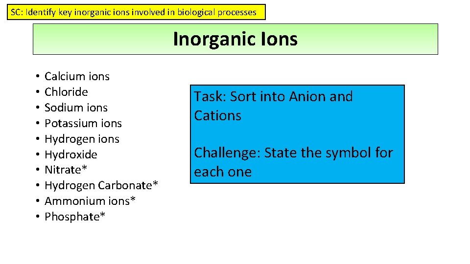 SC: Identify key inorganic ions involved in biological processes Inorganic Ions • • •