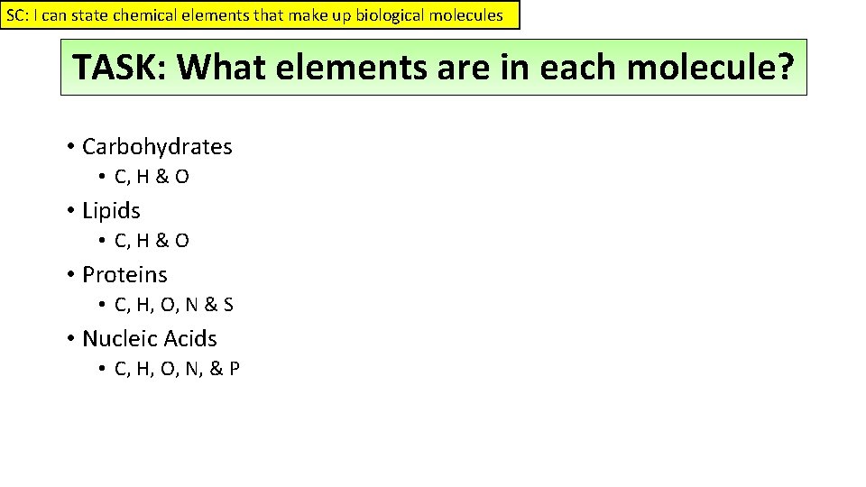 SC: I can state chemical elements that make up biological molecules TASK: What elements