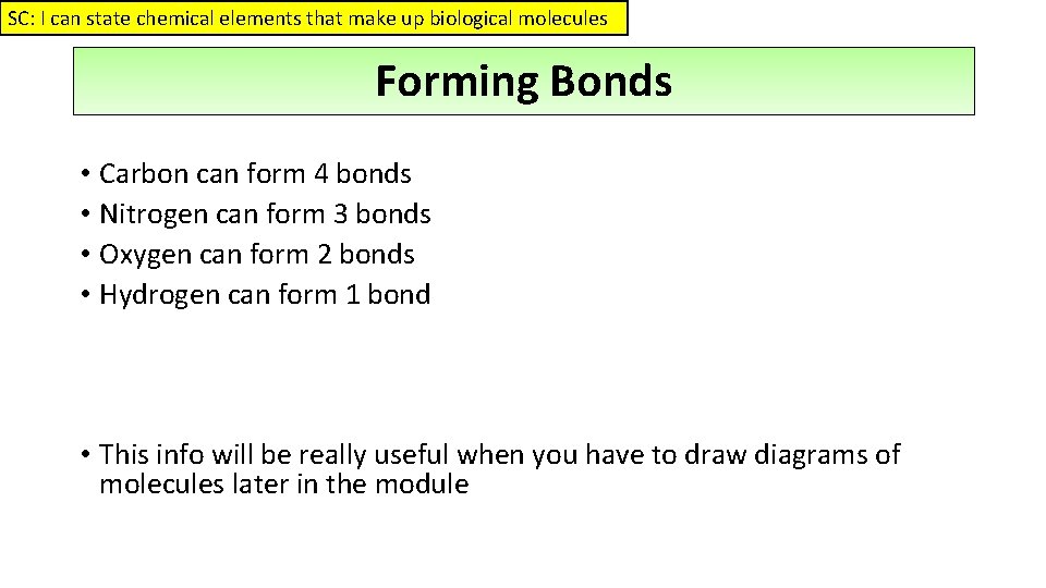 SC: I can state chemical elements that make up biological molecules Forming Bonds •