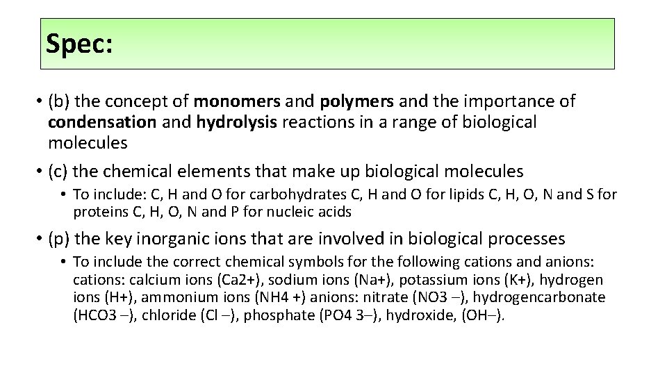 Spec: • (b) the concept of monomers and polymers and the importance of condensation
