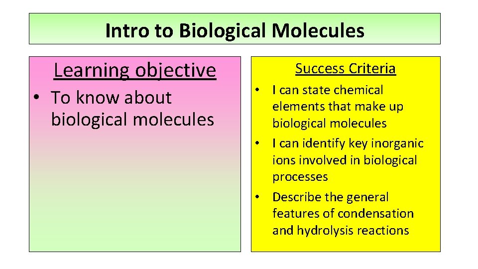 Intro to Biological Molecules Learning objective • To know about biological molecules Success Criteria
