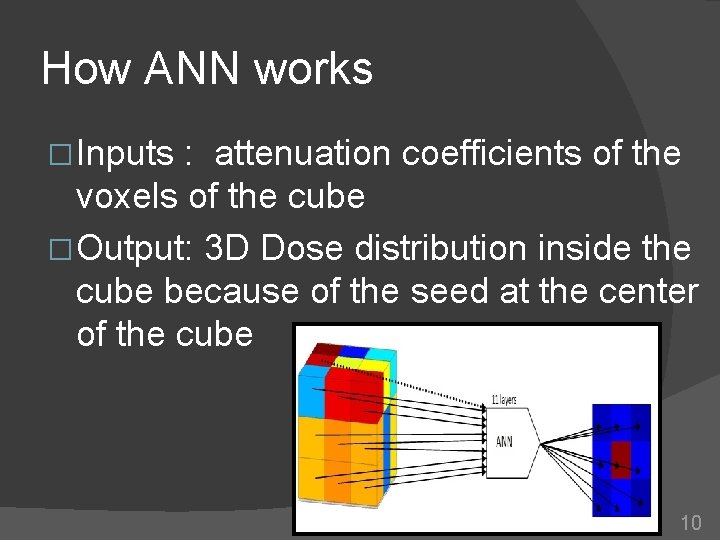 How ANN works � Inputs : attenuation coefficients of the voxels of the cube How ANN works � Inputs : attenuation coefficients of the voxels of the cube
