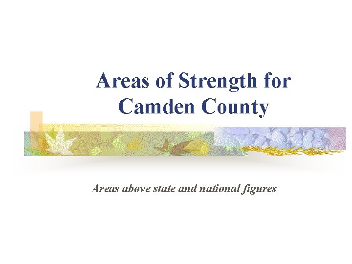 Areas of Strength for Camden County Areas above state and national figures 