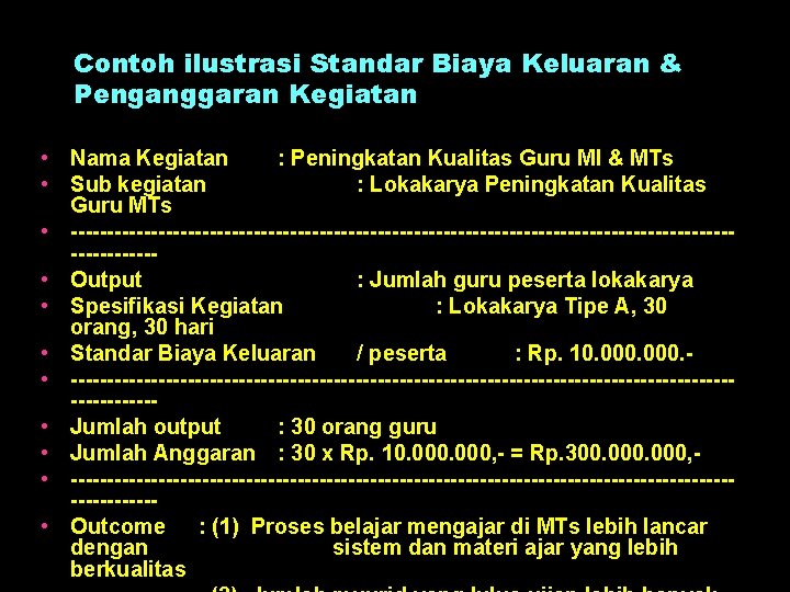 Contoh ilustrasi Standar Biaya Keluaran & Penganggaran Kegiatan • Nama Kegiatan : Peningkatan Kualitas