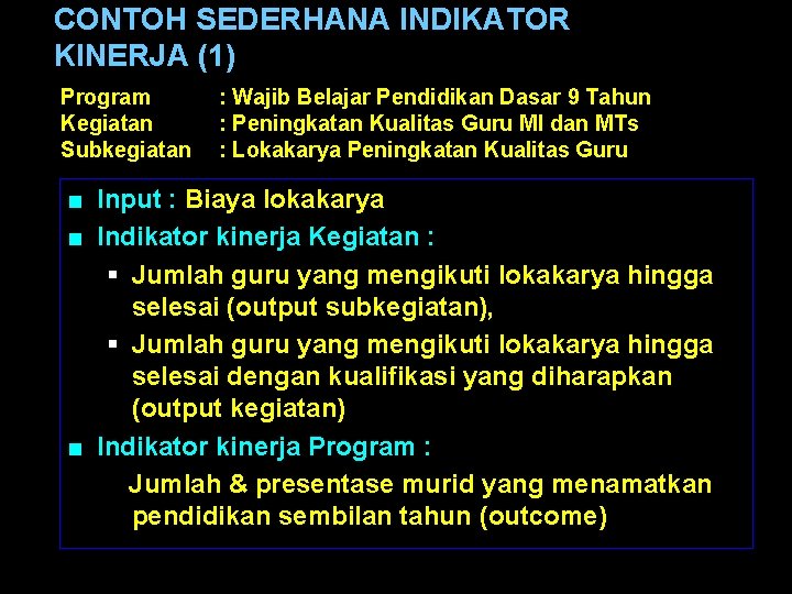 CONTOH SEDERHANA INDIKATOR KINERJA (1) Program Kegiatan Subkegiatan : Wajib Belajar Pendidikan Dasar 9