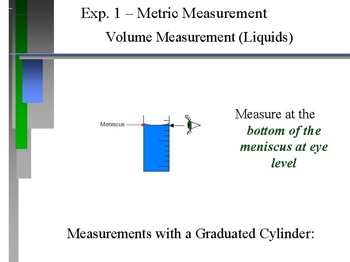 Exp. 1 – Metric Measurement Volume Measurement (Liquids) Measure at the bottom of the