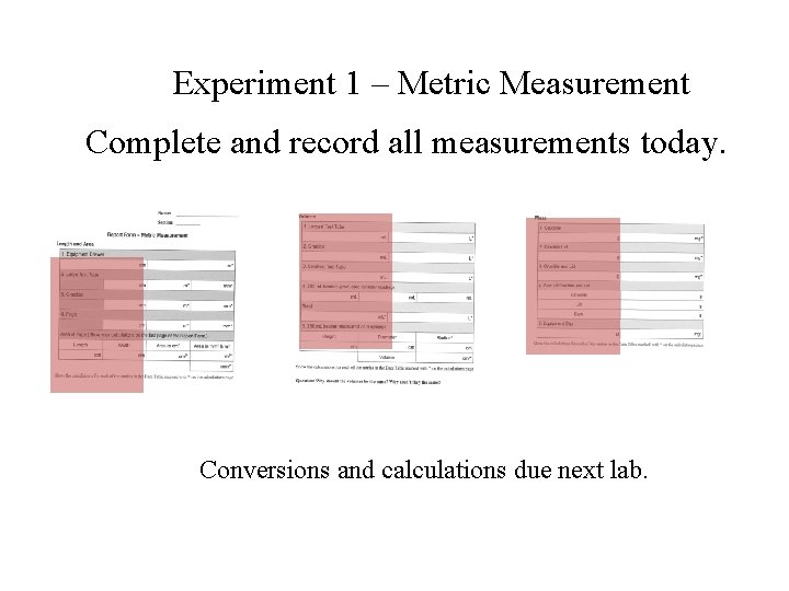 Experiment 1 – Metric Measurement Complete and record all measurements today. Conversions and calculations