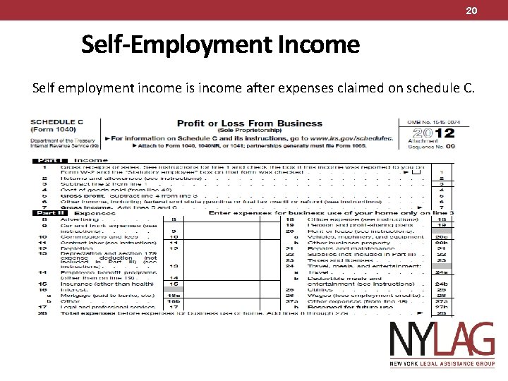 20 Self-Employment Income Self employment income is income after expenses claimed on schedule C.