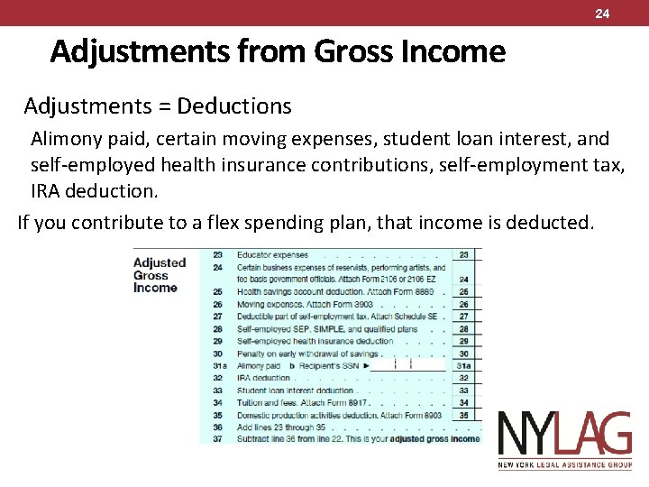 24 Adjustments from Gross Income Adjustments = Deductions Alimony paid, certain moving expenses, student