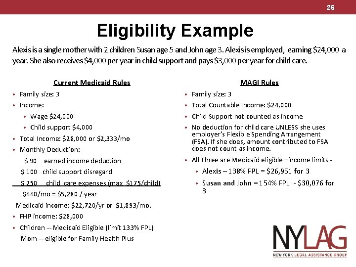 26 Eligibility Example Alexis is a single mother with 2 children Susan age 5