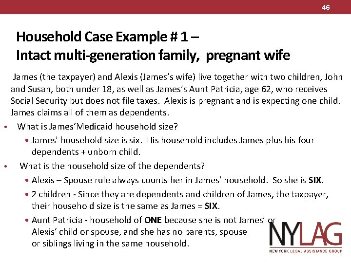 46 Household Case Example # 1 – Intact multi-generation family, pregnant wife James (the