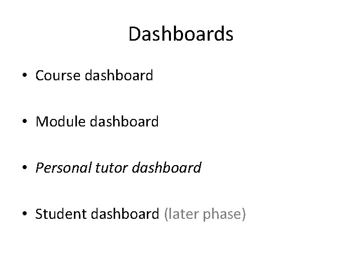 Dashboards • Course dashboard • Module dashboard • Personal tutor dashboard • Student dashboard Dashboards • Course dashboard • Module dashboard • Personal tutor dashboard • Student dashboard