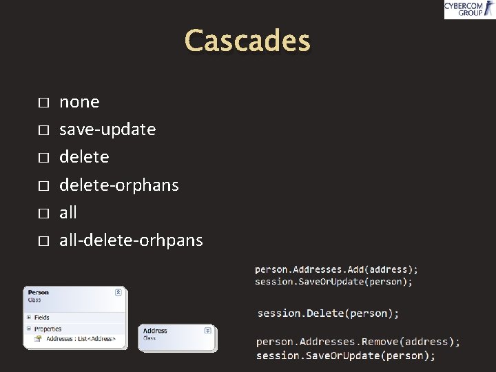 Cascades � � � none save-update delete-orphans all-delete-orhpans 