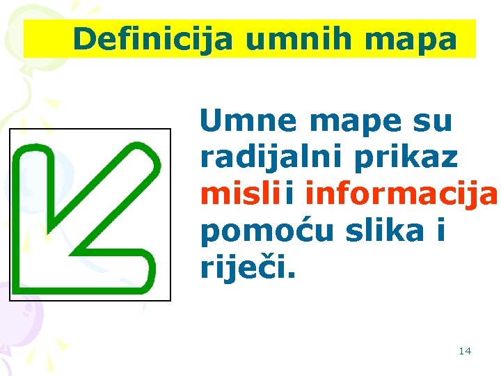 Definicija umnih mapa Umne mape su radijalni prikaz misli i informacija pomoću slika i