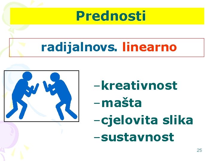 Prednosti radijalnovs. linearno –kreativnost –mašta –cjelovita slika –sustavnost 25 