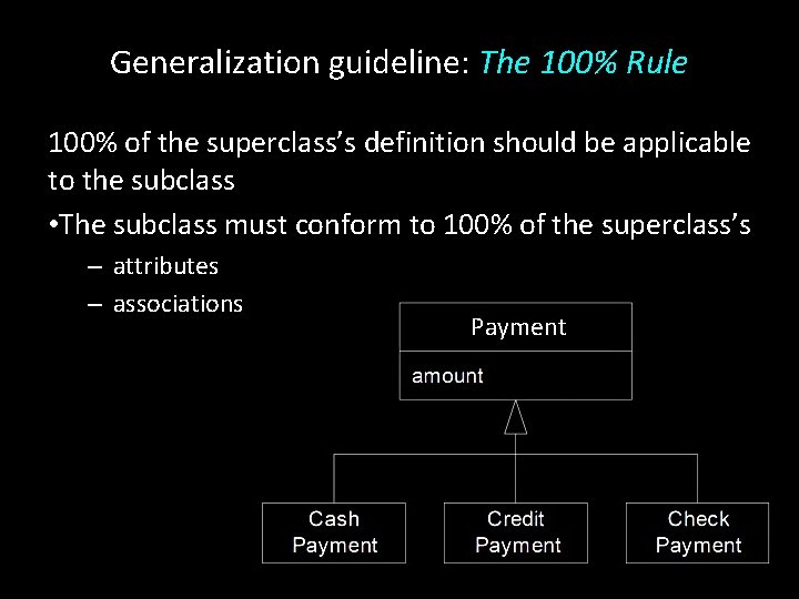 Generalization guideline: The 100% Rule 100% of the superclass’s definition should be applicable to