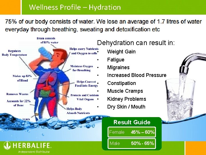 Wellness Profile – Hydration Dehydration can result in: • • Weight Gain Fatigue Migraines