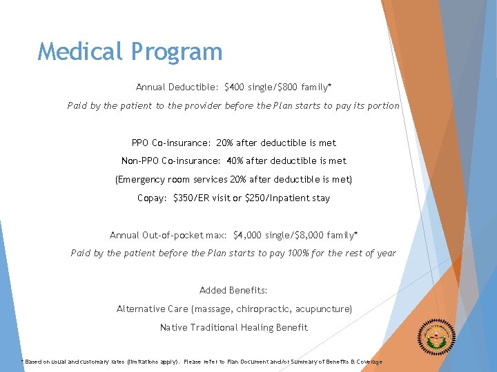 Medical Program Annual Deductible: $400 single/$800 family* Paid by the patient to the provider