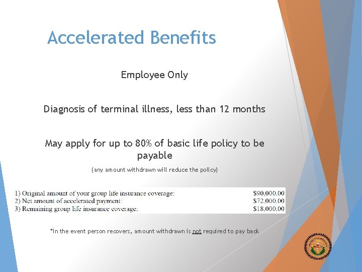 Accelerated Benefits Employee Only Diagnosis of terminal illness, less than 12 months May apply