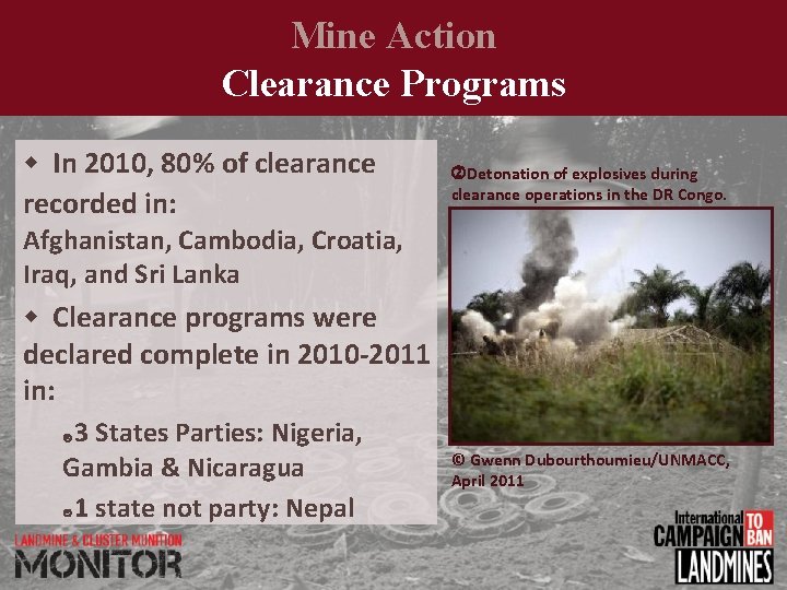 Mine Action Clearance Programs In 2010, 80% of clearance recorded in: Detonation of explosives