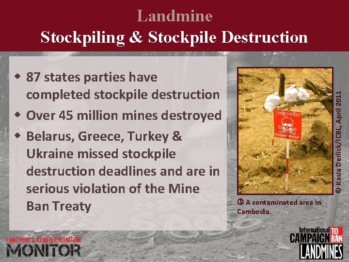  87 states parties have completed stockpile destruction Over 45 million mines destroyed Belarus,