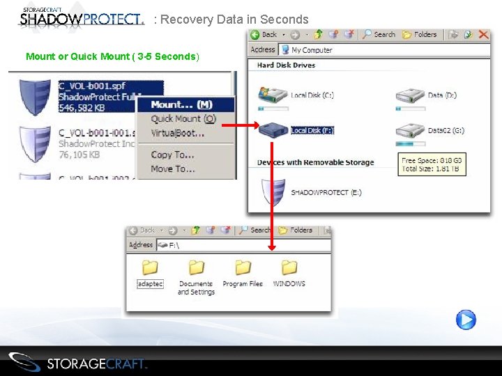 : Recovery Data in Seconds Mount or Quick Mount ( 3 -5 Seconds) 