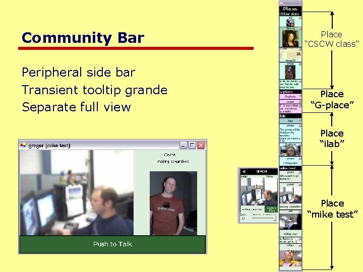 Community Bar Peripheral side bar Transient tooltip grande Separate full view Place “CSCW class”