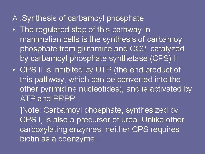 A. Synthesis of carbamoyl phosphate • The regulated step of this pathway in mammalian