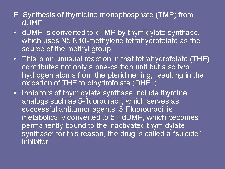 E. Synthesis of thymidine monophosphate (TMP) from d. UMP • d. UMP is converted
