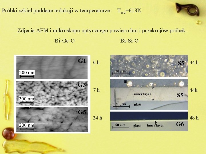 Próbki szkieł poddane redukcji w temperaturze: Tred=613 K Zdjęcia AFM i mikroskopu optycznego powierzchni