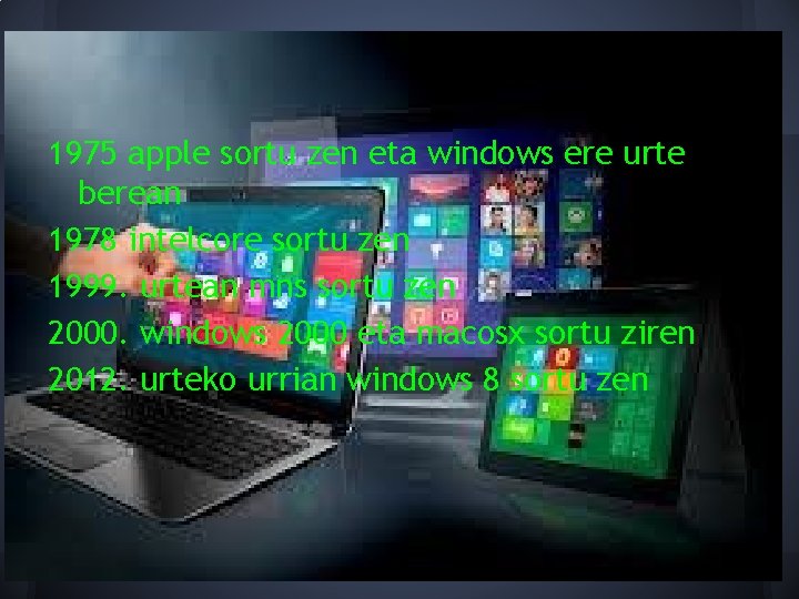 Ordenagailuaren historia 1975 apple sortu zen eta windows ere urte berean 1978 intelcore sortu