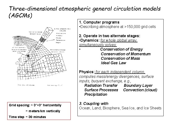 Three-dimensional atmospheric general circulation models (AGCMs) 1. Computer programs • Describing atmosphere at >150,