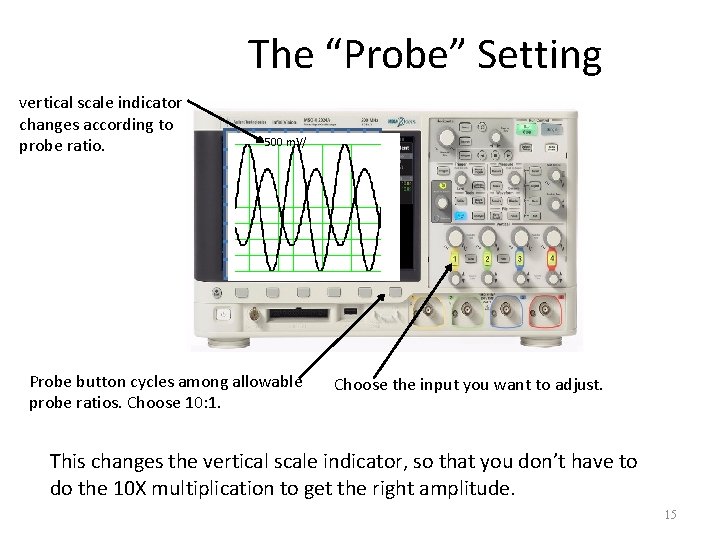 The “Probe” Setting vertical scale indicator changes according to probe ratio. 500 m. V/