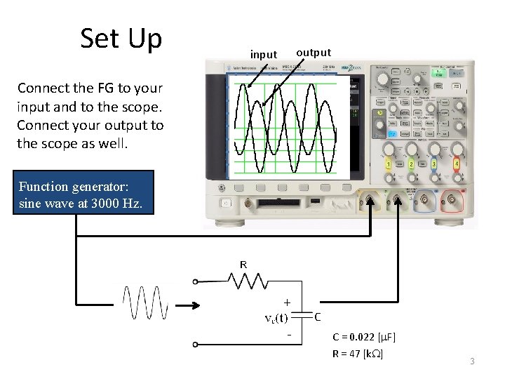 Set Up input output Connect the FG to your input and to the scope.