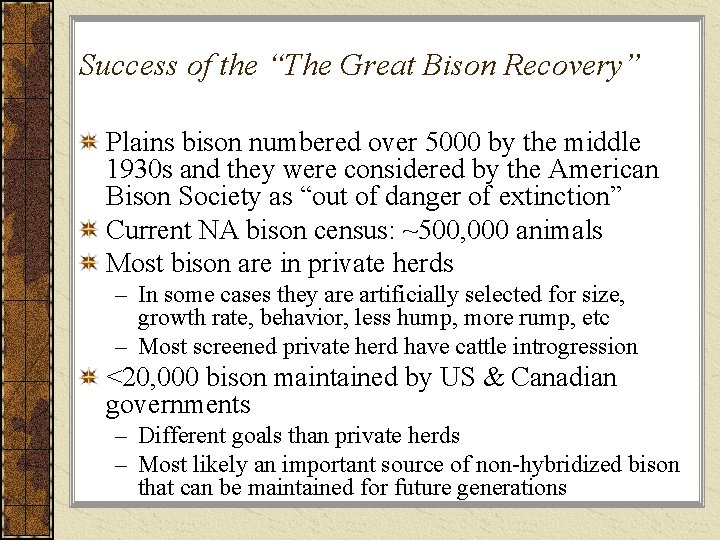 Success of the “The Great Bison Recovery” Plains bison numbered over 5000 by the