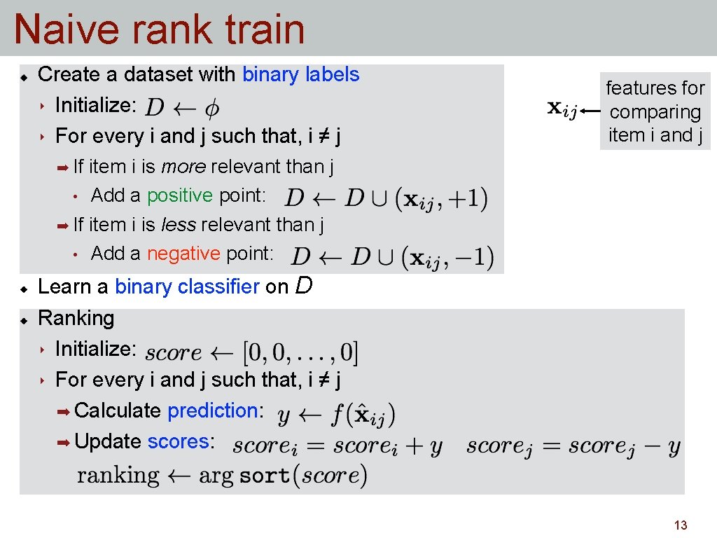 Naive rank train Create a dataset with binary labels ‣ Initialize: ‣ For every Naive rank train Create a dataset with binary labels ‣ Initialize: ‣ For every
