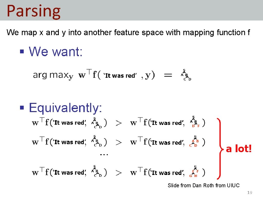 Parsing We map x and y into another feature space with mapping function f Parsing We map x and y into another feature space with mapping function f