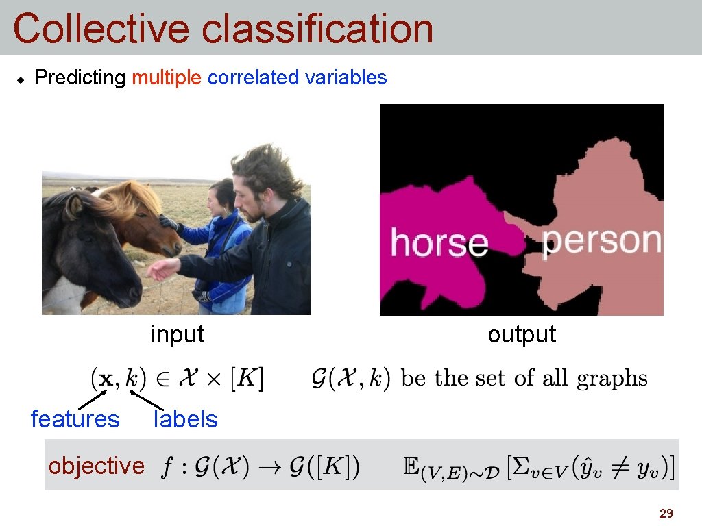 Collective classification Predicting multiple correlated variables input features output labels objective 29 Collective classification Predicting multiple correlated variables input features output labels objective 29