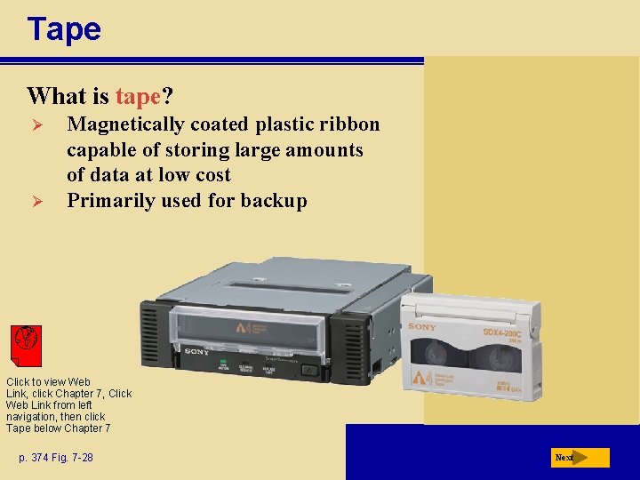 Tape What is tape? Ø Ø Magnetically coated plastic ribbon capable of storing large